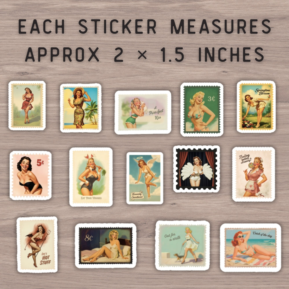Collection of vintage-style stickers featuring women on a wooden surface with text indicating size.