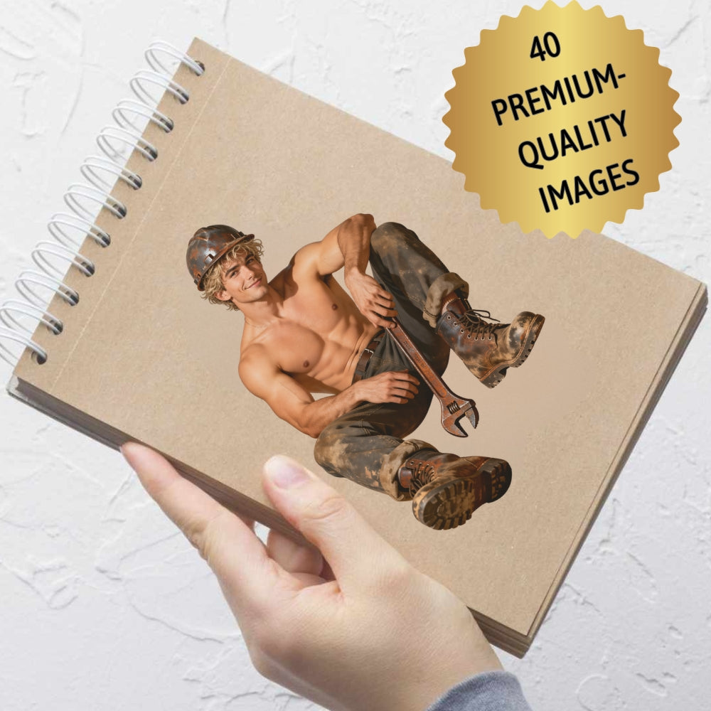 Notebook with a graphic of a shirtless man holding a wrench, held by a hand on a light background.