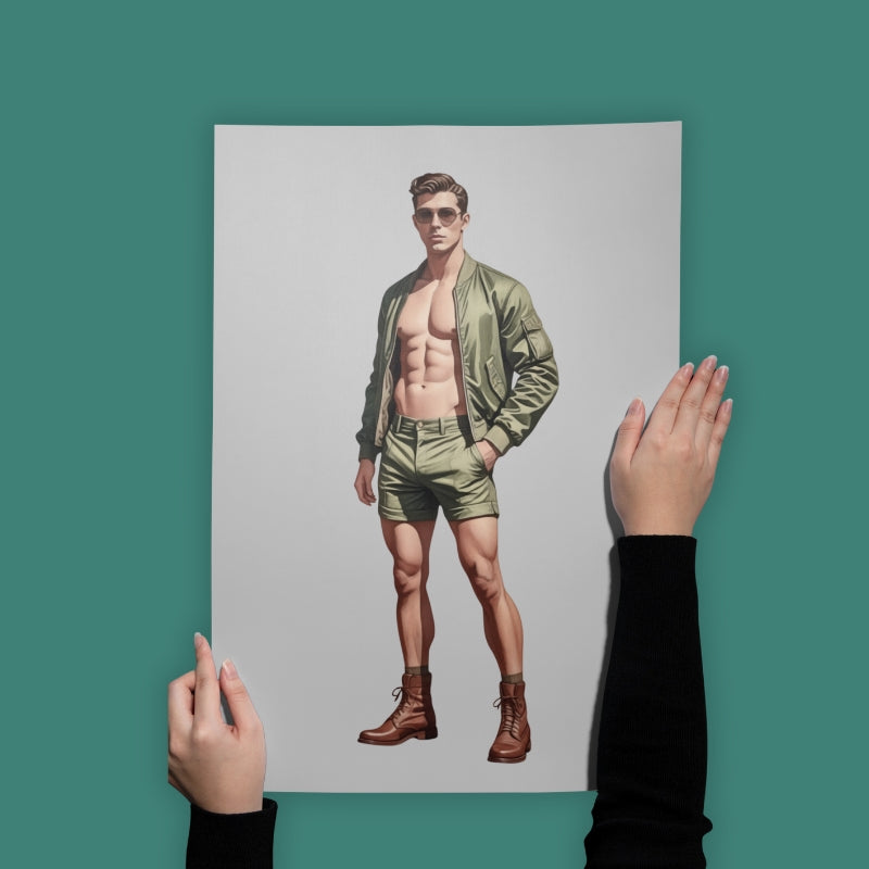 Person holding a poster of a shirtless man in a green jacket and shorts against a teal background