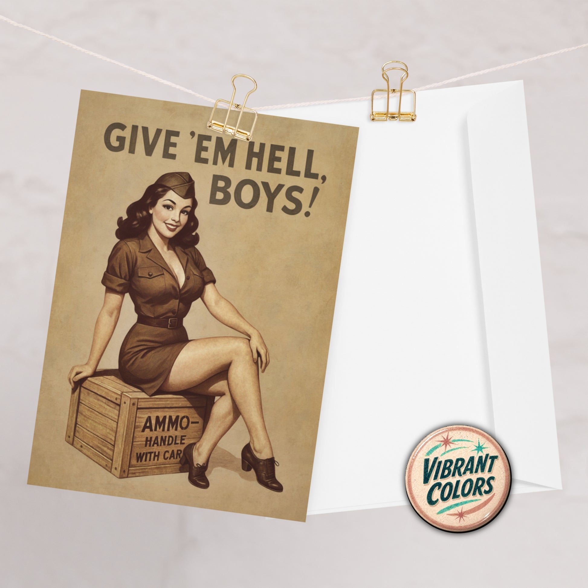 Vintage-style poster with a woman sitting on a crate, text 'Give 'em hell, boys!' and 'Vibrant Colors' logo.
