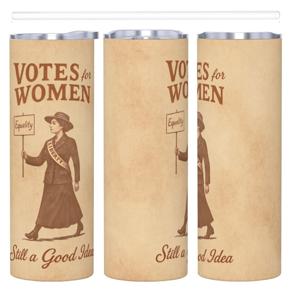 Three cylindrical tumblers with 'Votes for Women' design and text on a beige background