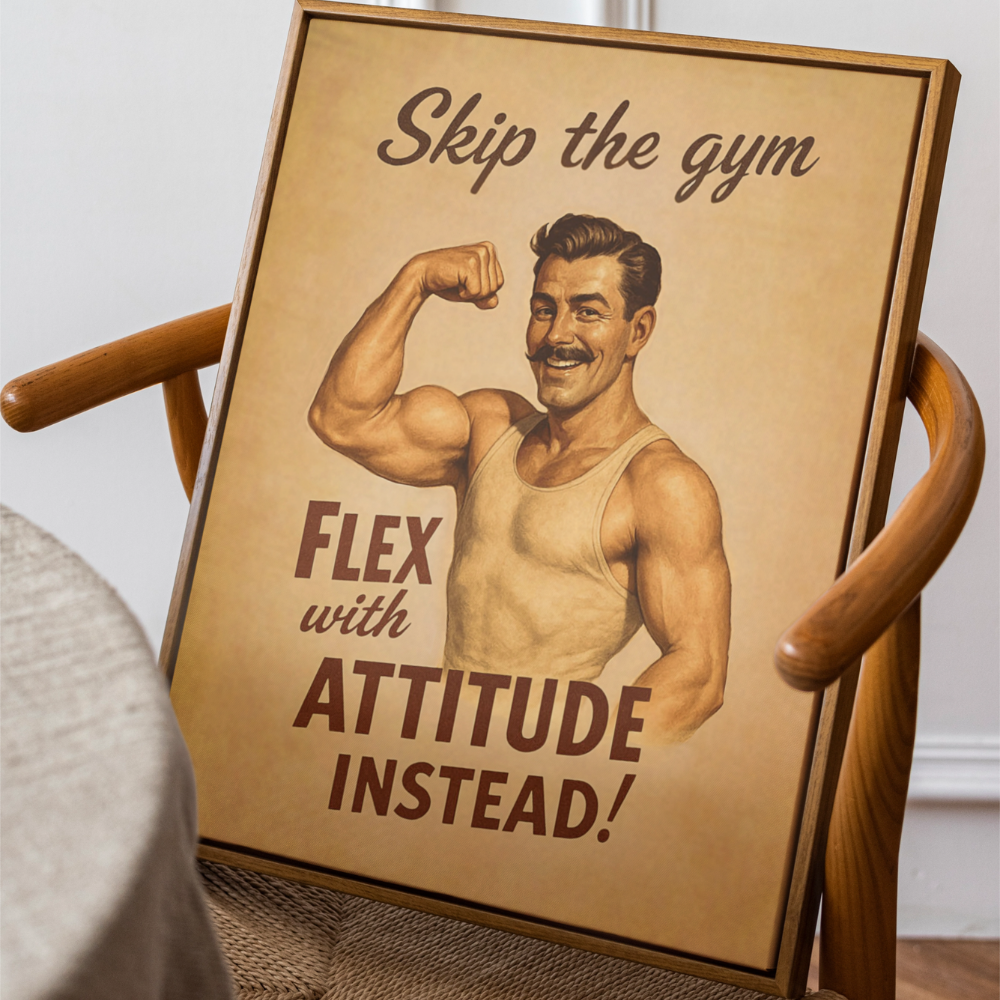 Poster with vintage-style illustration of a man flexing muscles and text on a wooden chair.