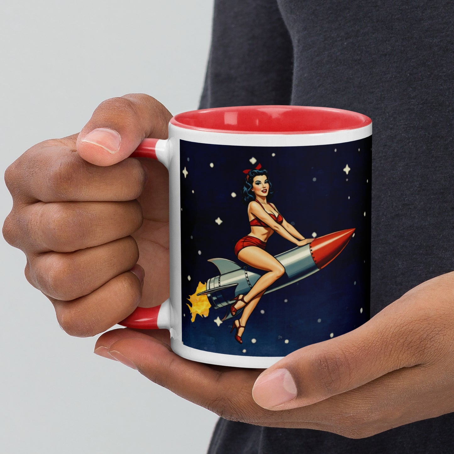 Retro Pin Up Rocket Mug | Vintage Space Girl Coffee Cup | Atomic Age Bombshell Art | Mid Century Sci-Fi Gift