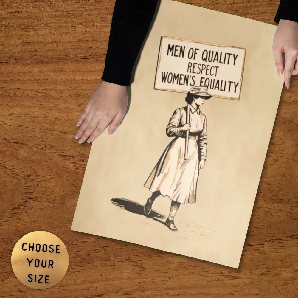 Poster with a woman holding a sign advocating for women's equality on a wooden surface.