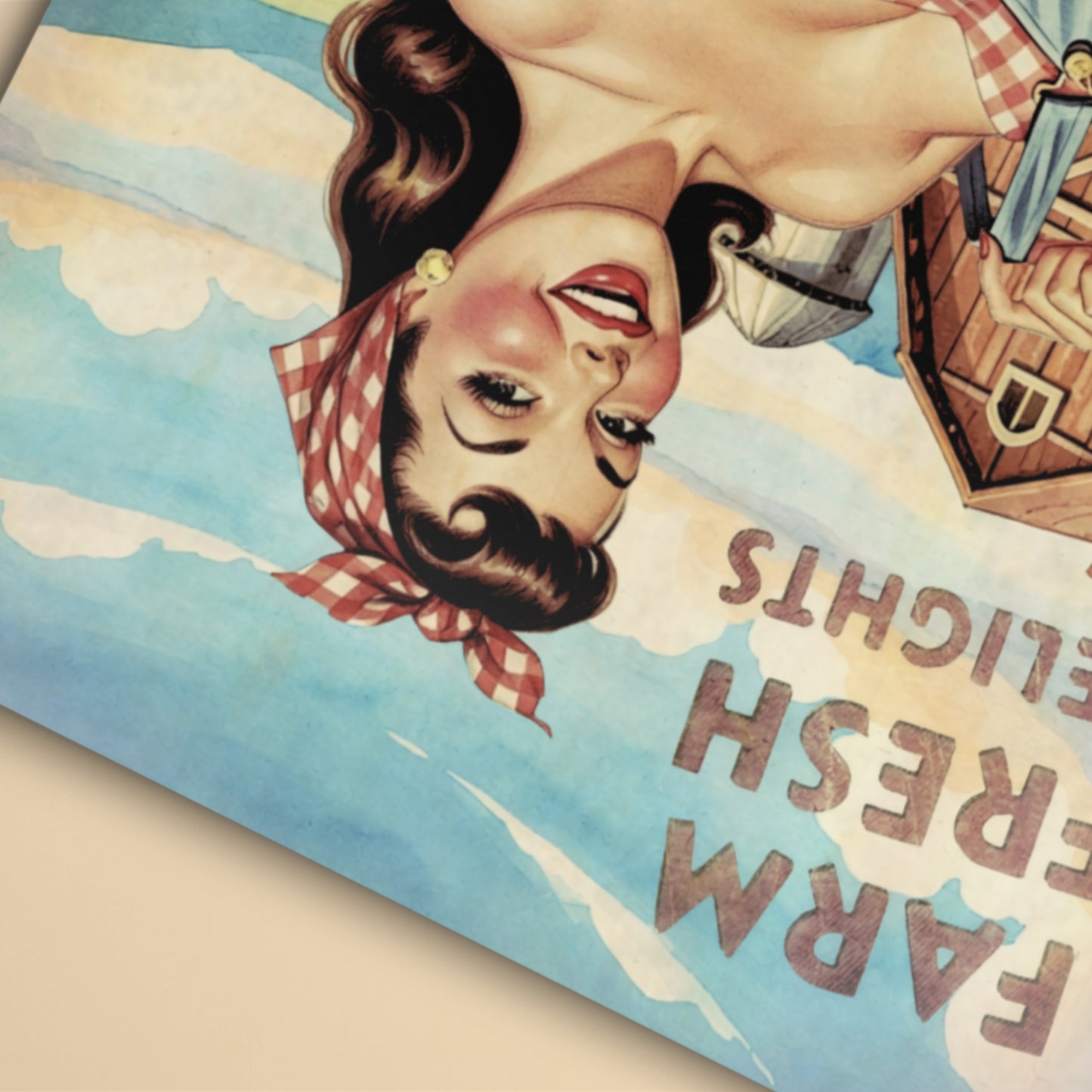 Vintage-style poster with a pinup girl face and text, featuring a checkered scarf and airplane.