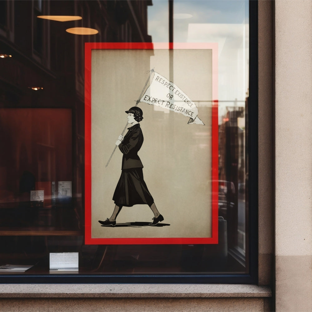 Framed artwork of a feminist rights woman walking with a banner in a store window.
