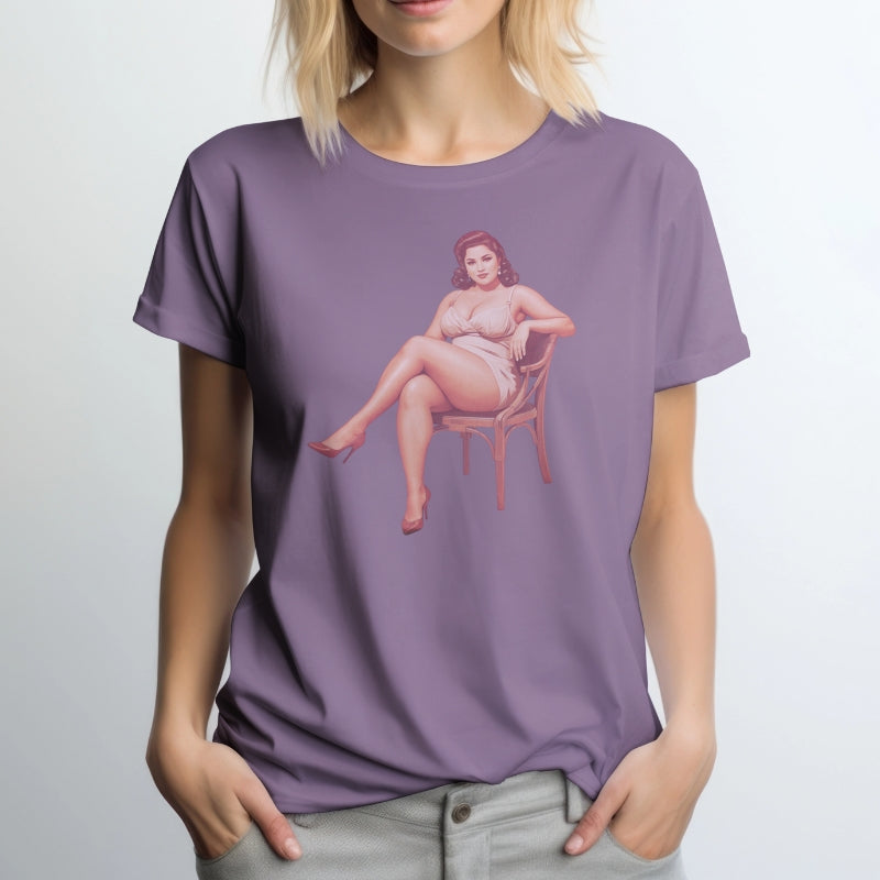 Purple t-shirt with a graphic of a woman sitting on a chair on a plain background