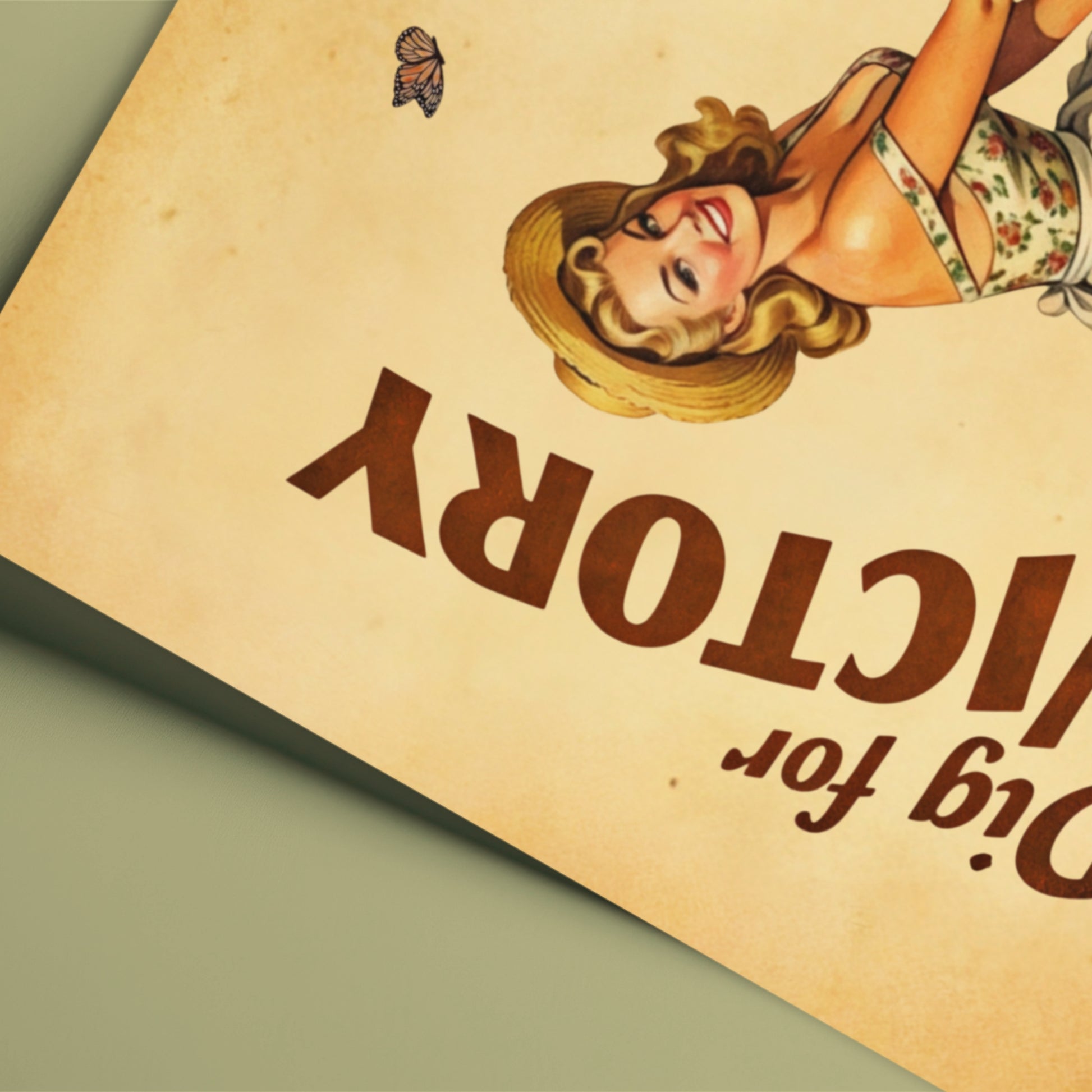 Vintage-style poster with a woman and butterfly on a beige background