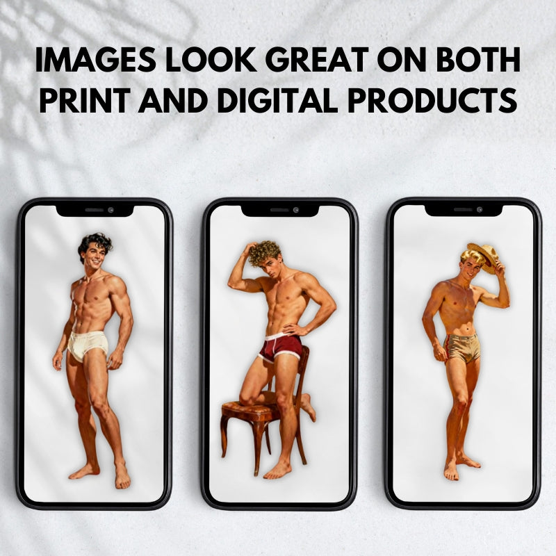 Three smartphone screens displaying images of a man in different poses with text about print and digital products.