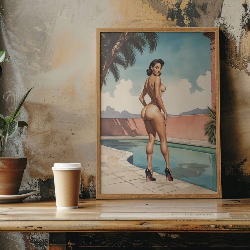 vintage pinup painting near a coffee cup