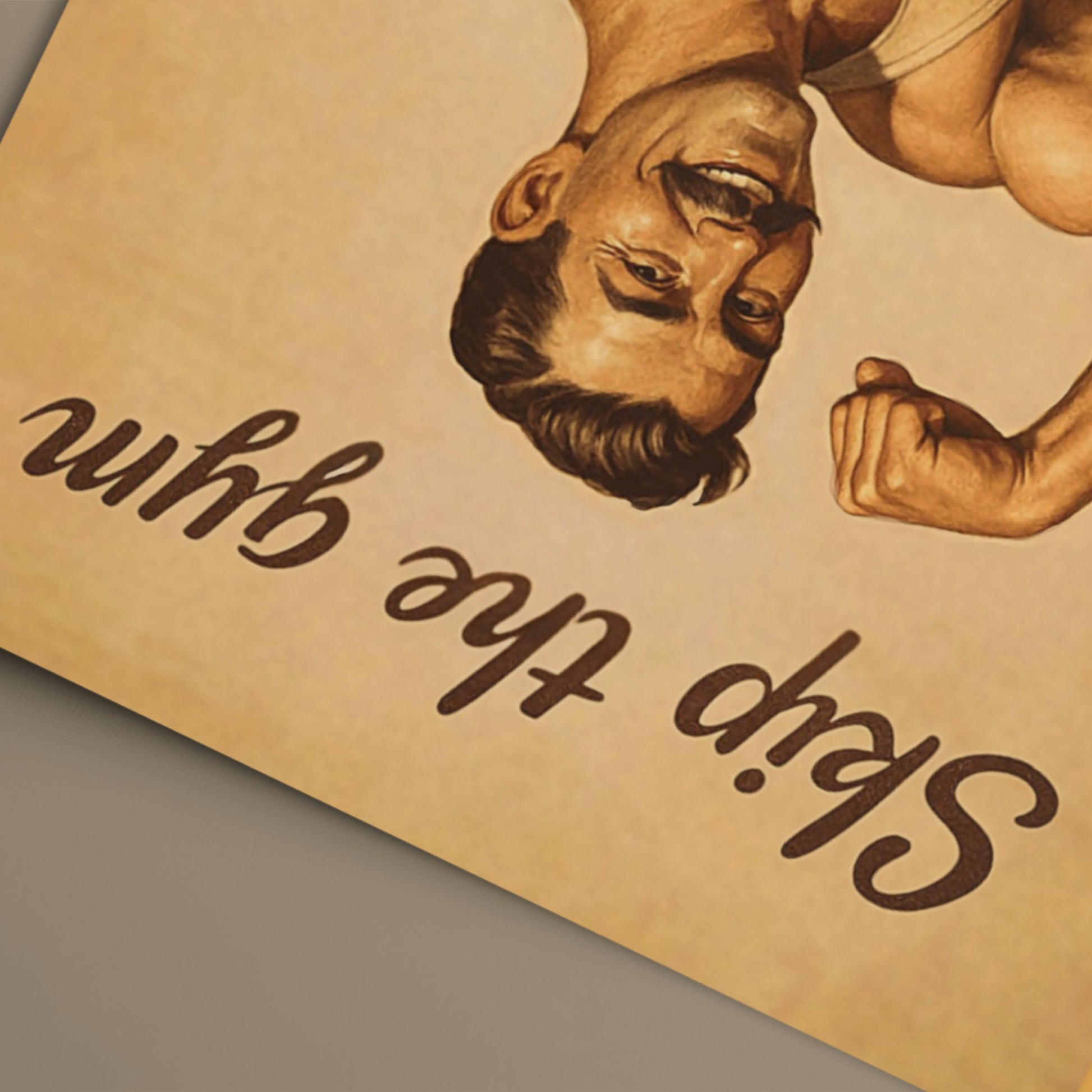 Illustration of a man with a beard and mustache on a textured brown background with text, skip the gym