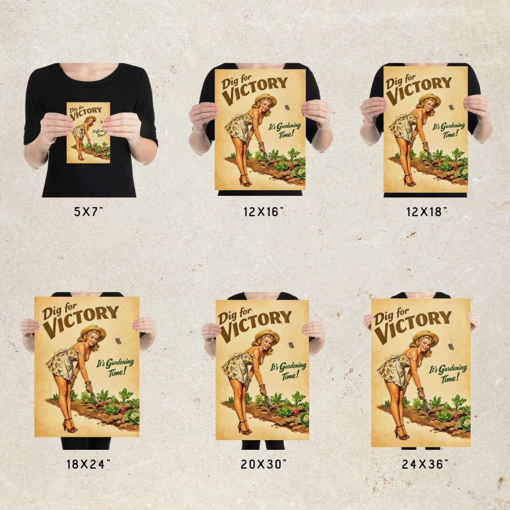 Set of 'Dig for Victory' posters in various sizes held by people against a textured beige background.