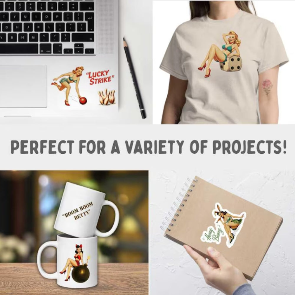 Collage of a laptop with a sticker, a t-shirt, a mug, and a notebook with a sticker featuring a vintage-style graphic design.