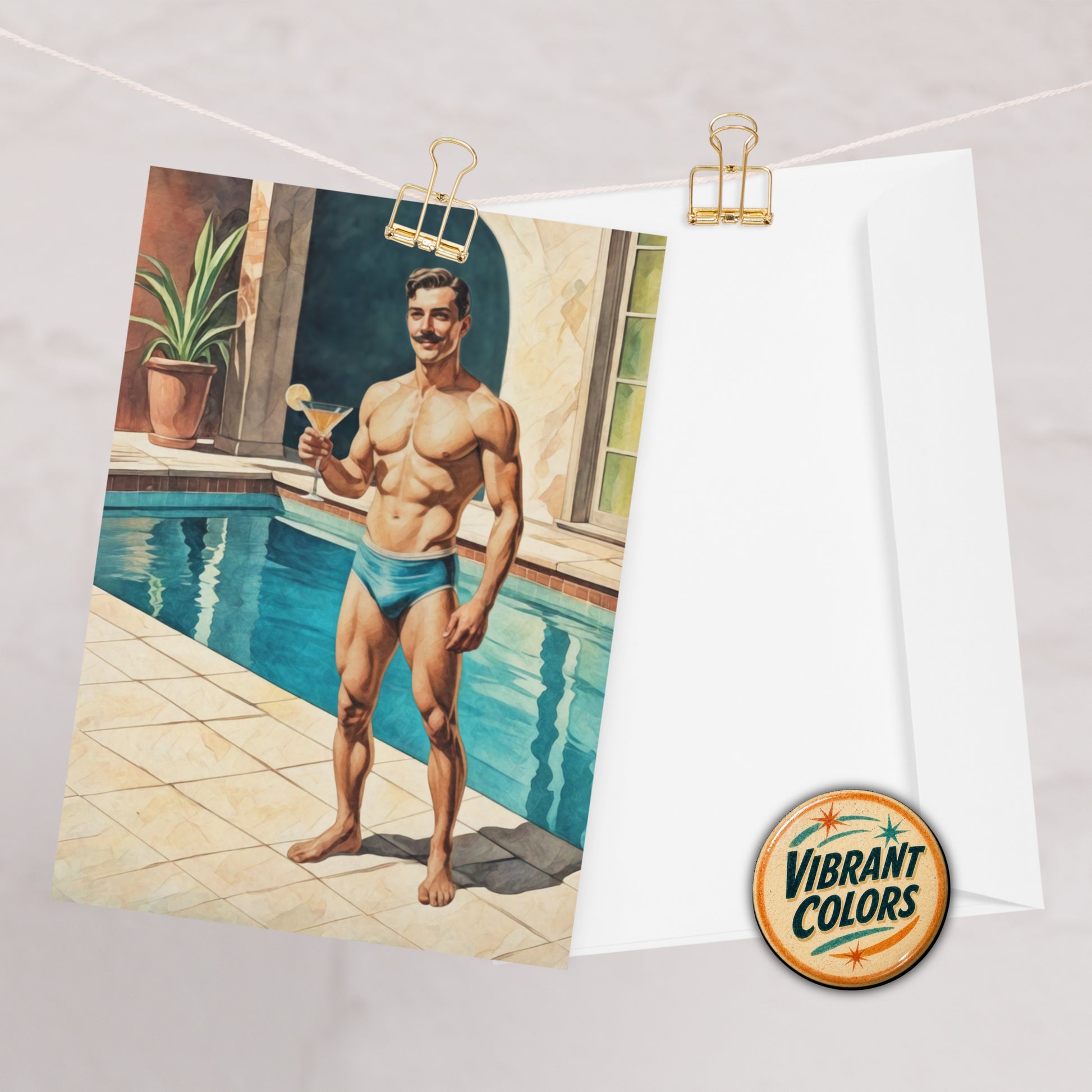 Vintage-style zaddy pinup poster card of a man by a pool with a 'Vibrant Colors' logo.
