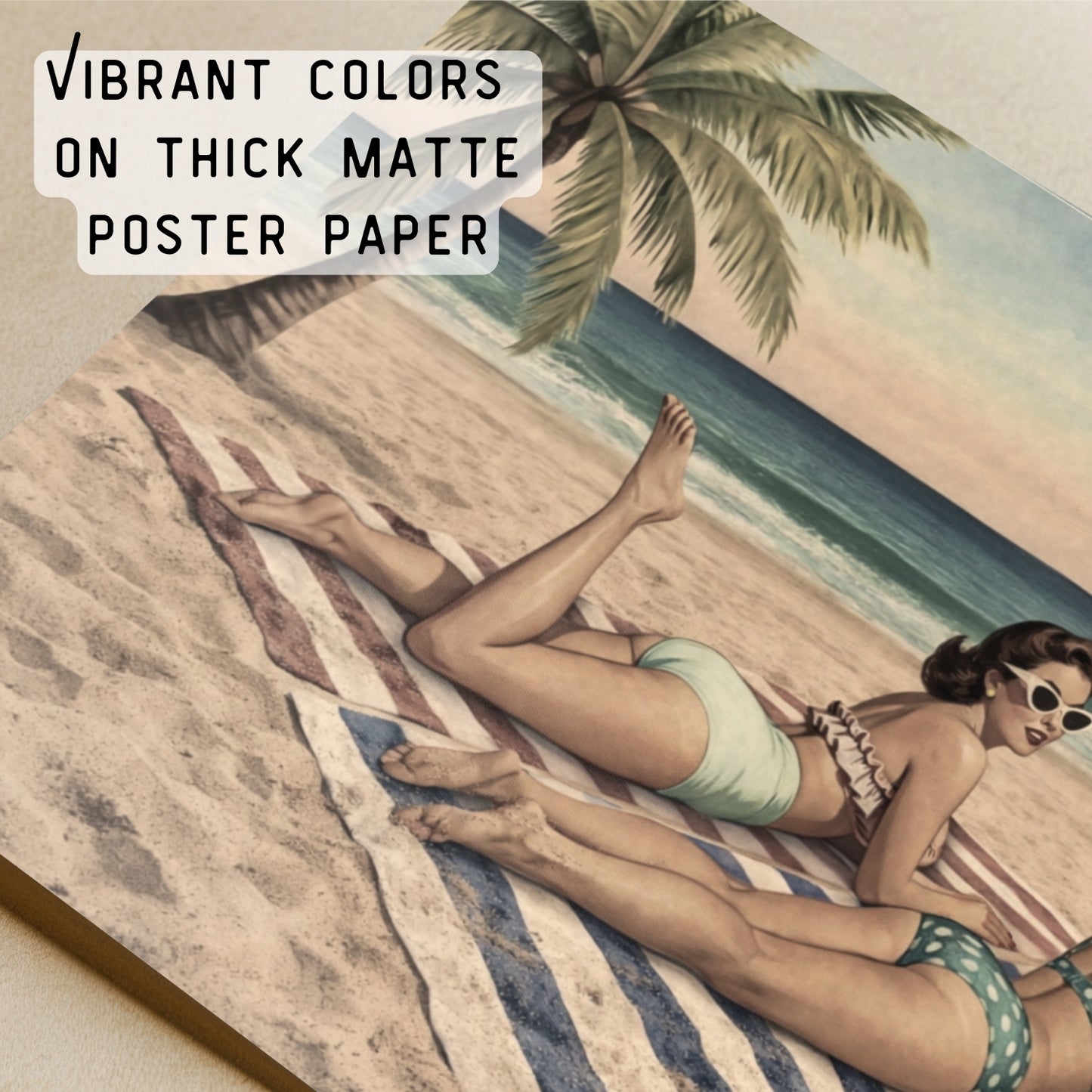 Poster of a woman in a bikini lying on a beach with palm trees.