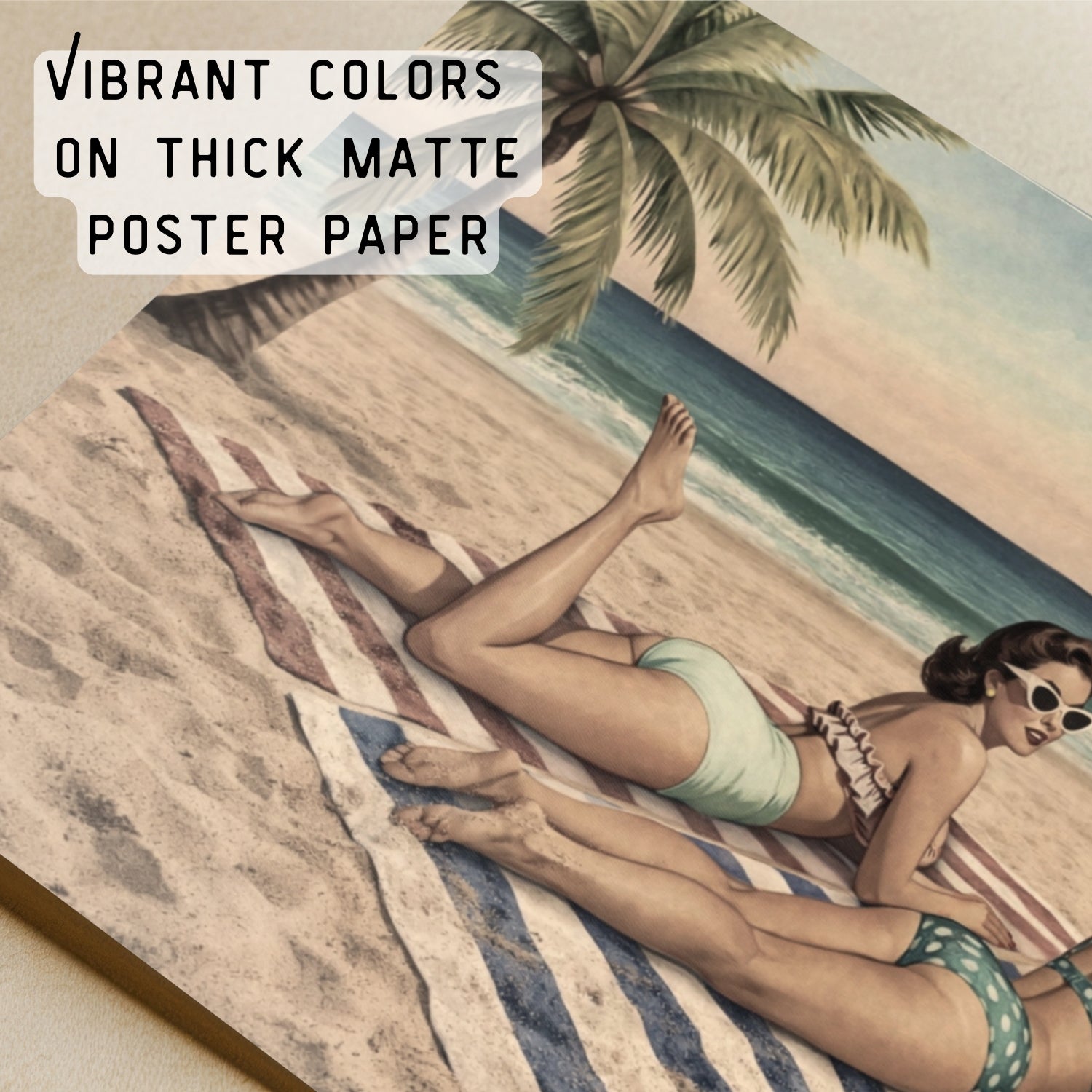 Poster of a woman in a bikini lying on a beach with palm trees.