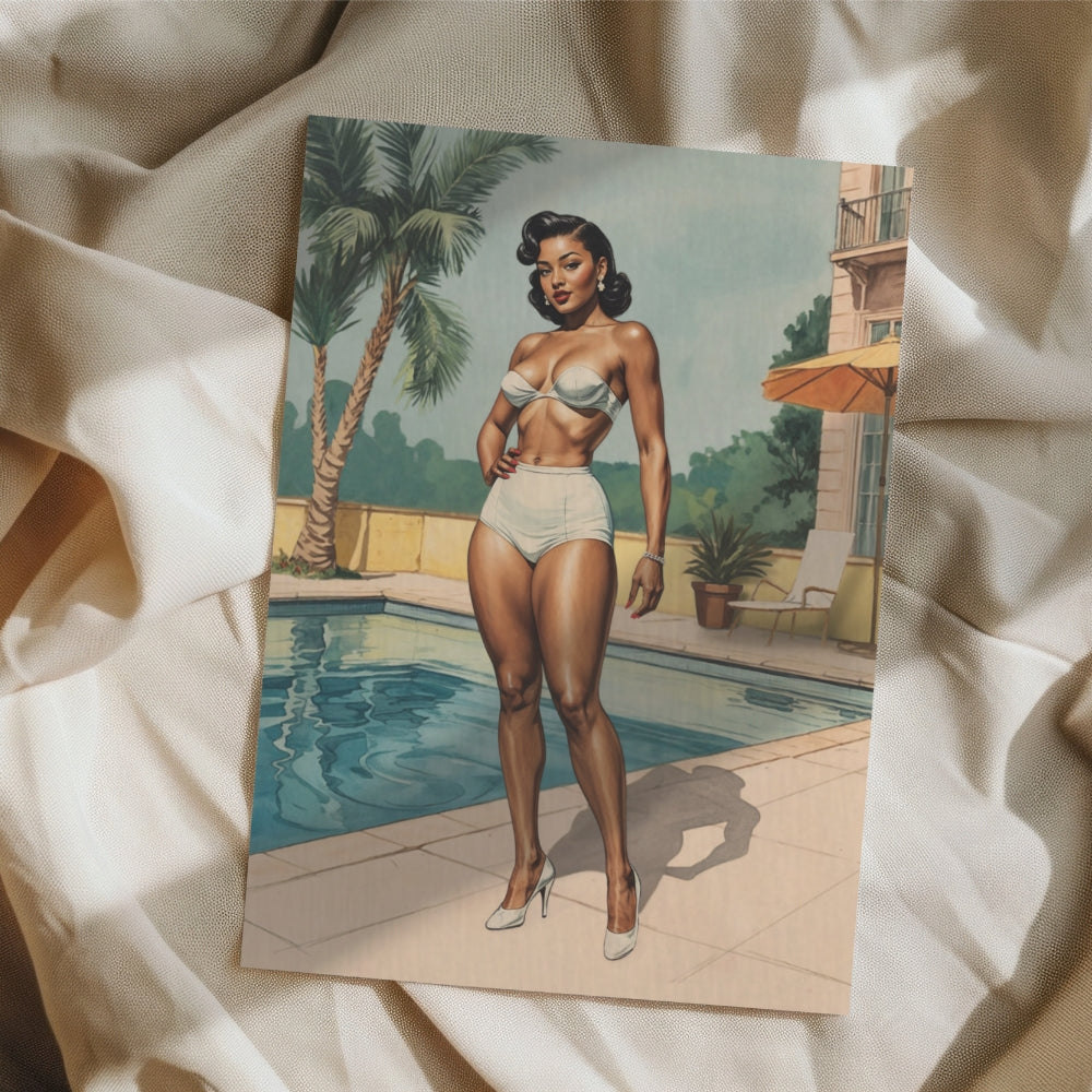Illustration of a black woman in a bikini by a pool with palm trees in the background, on a beige fabric background.