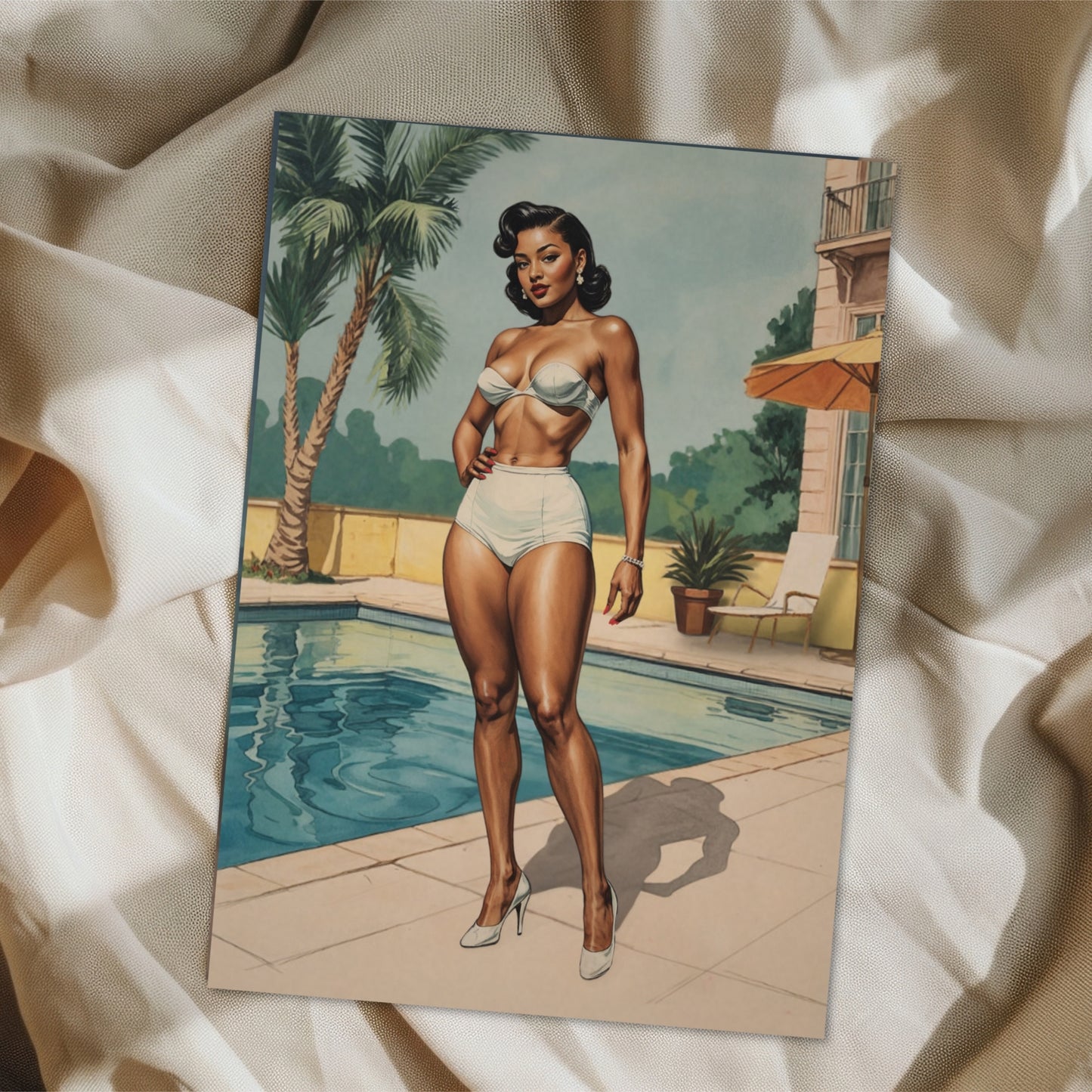 Vintage-style illustration of a woman in a poolside setting with palm trees and a building.