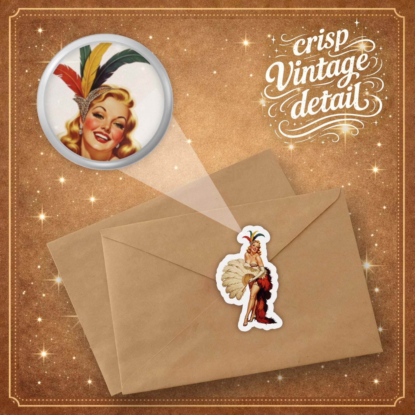 Vintage-style envelope with a sticker of a woman in a feathered headdress, on a brown background with 'crisp vintage detail' text.