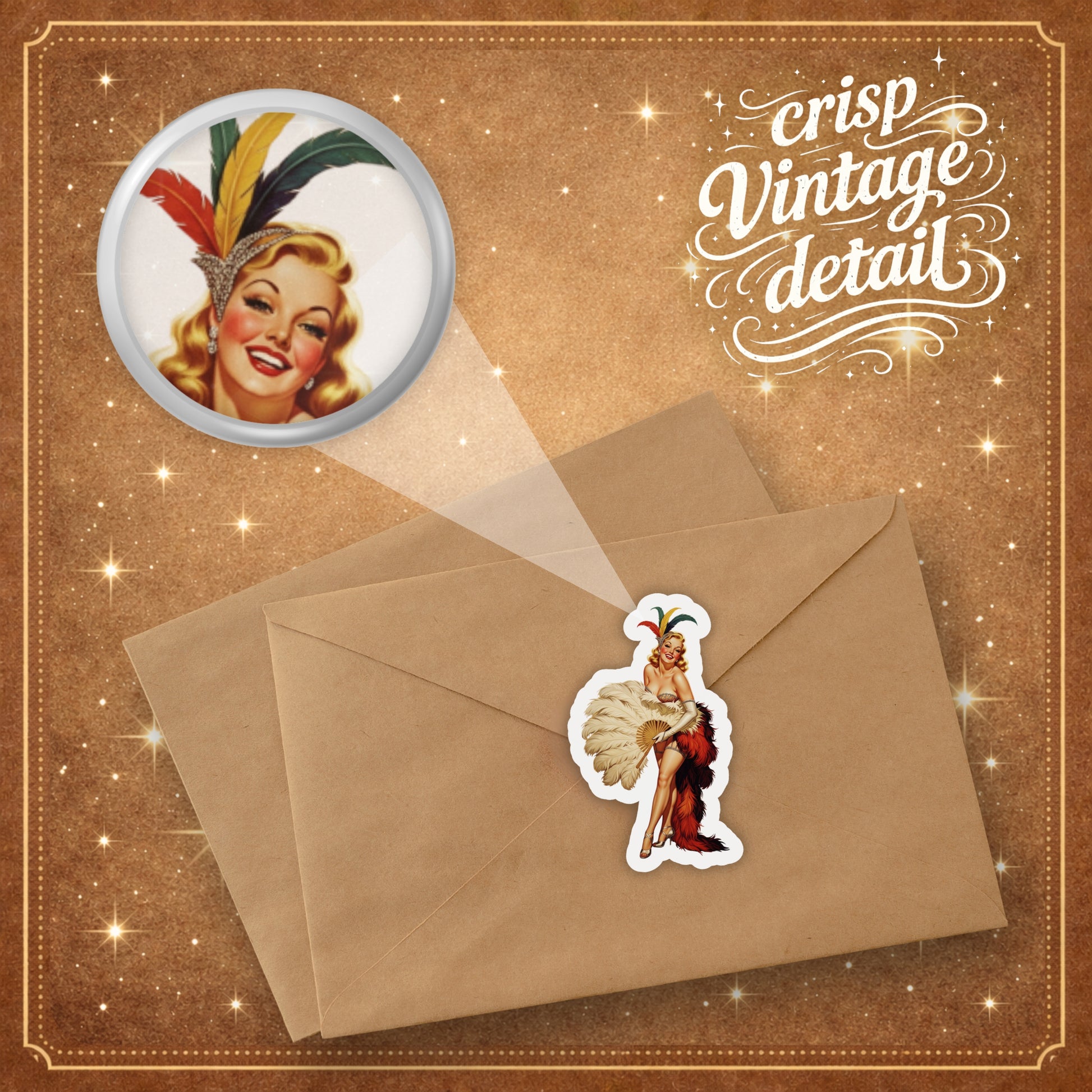 Vintage-style envelope with a sticker of a woman in a feathered headdress, on a brown background with 'crisp vintage detail' text.