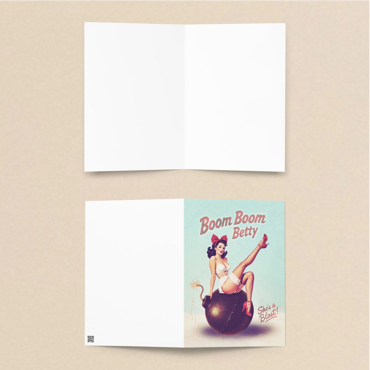 Vintage-style greeting card with 'Boom Boom Betty' design on a beige background