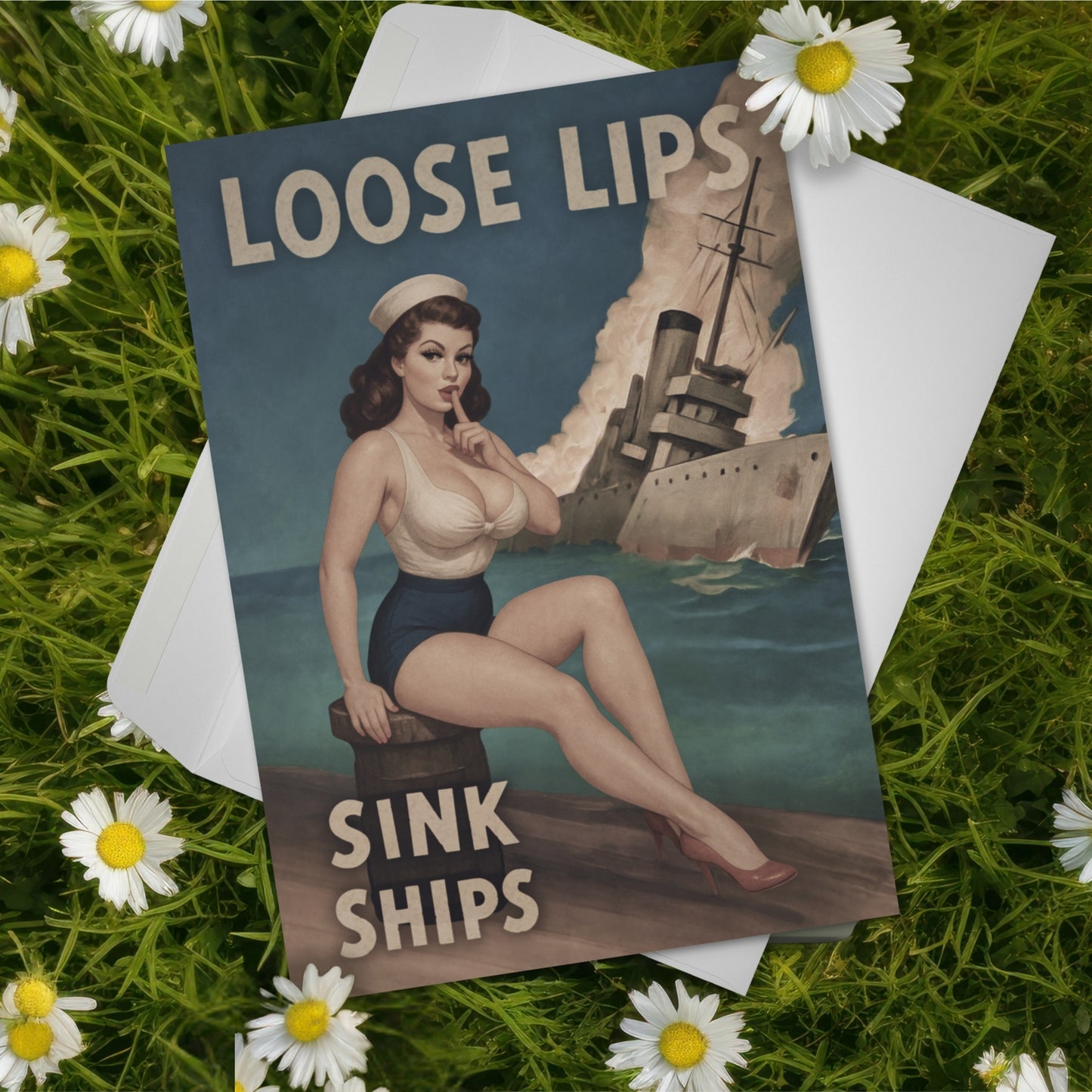Vintage-style poster card with a woman and ship on grass with daisies