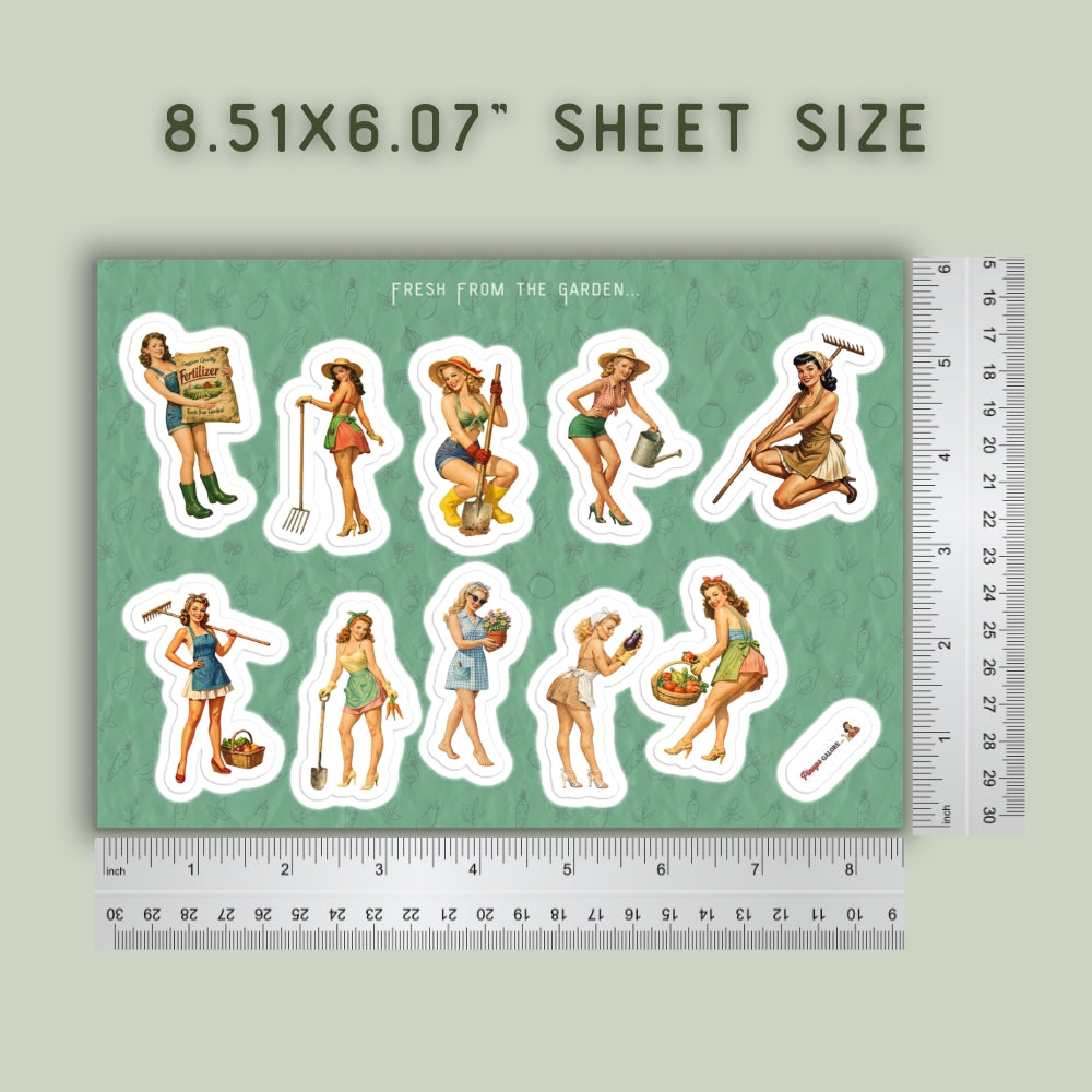 Sheet of stickers with garden-themed designs on a green background, with a ruler for scale.