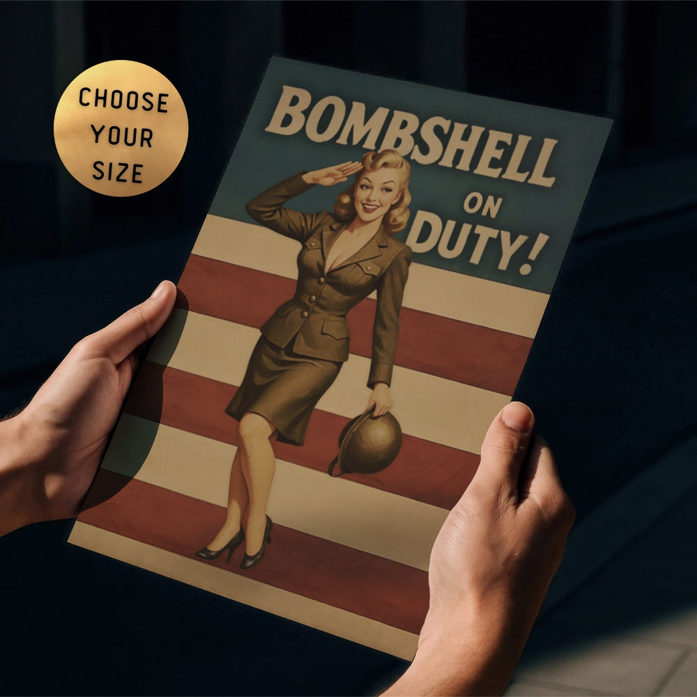 Poster with a woman in uniform and 'Bombshell on Duty!' text, held by hands against a dark background.