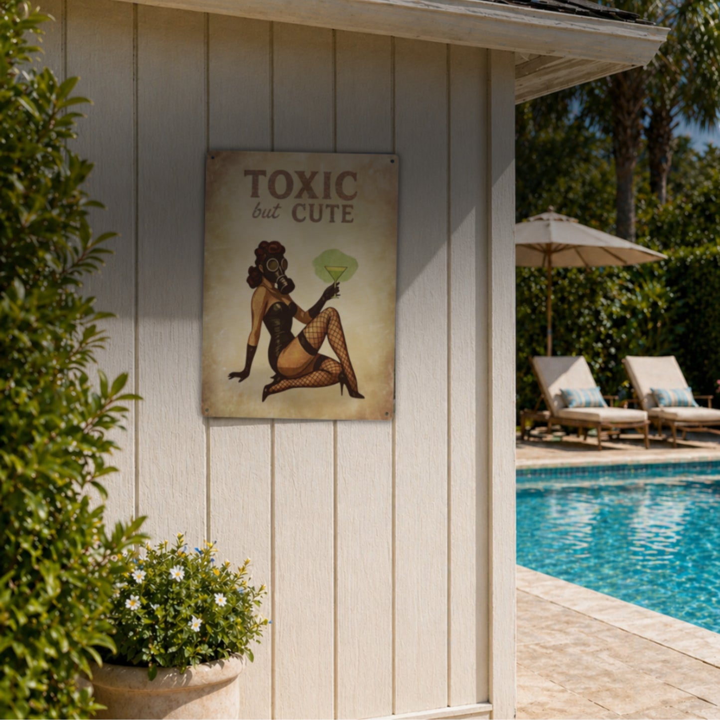 Vintage-style sign with a graphic design of a woman in a gas mask by a poolside.
