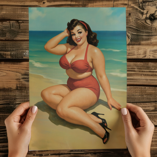 Vintage Plus Size Pin-Up Poster | Curvy Beach Girl Art Print | Glamorous Retro Pinup Decor