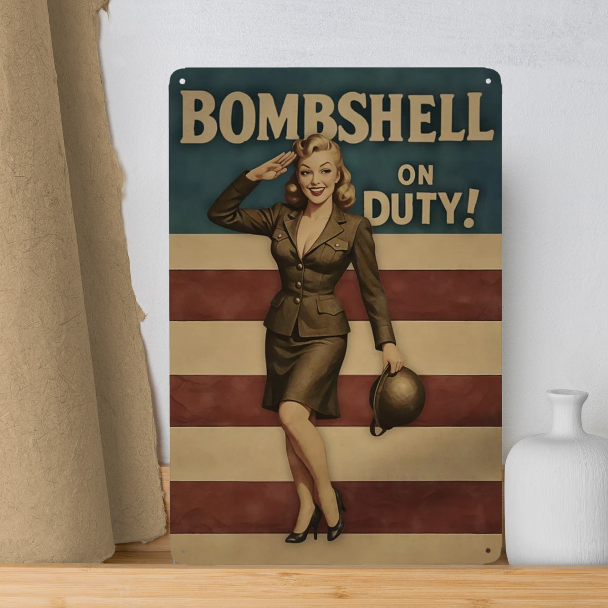 Bombshell on Duty Vintage Military Metal Sign