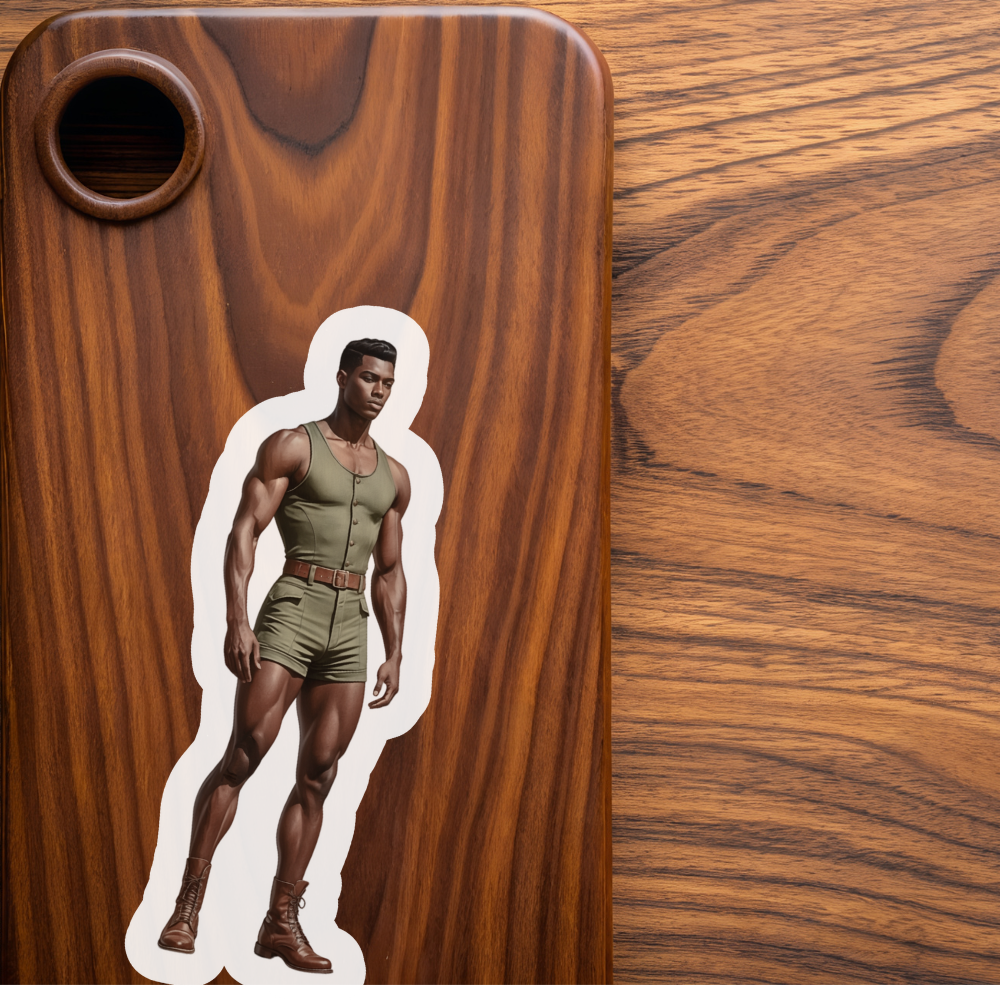Sticker of a muscular figure on a wooden surface