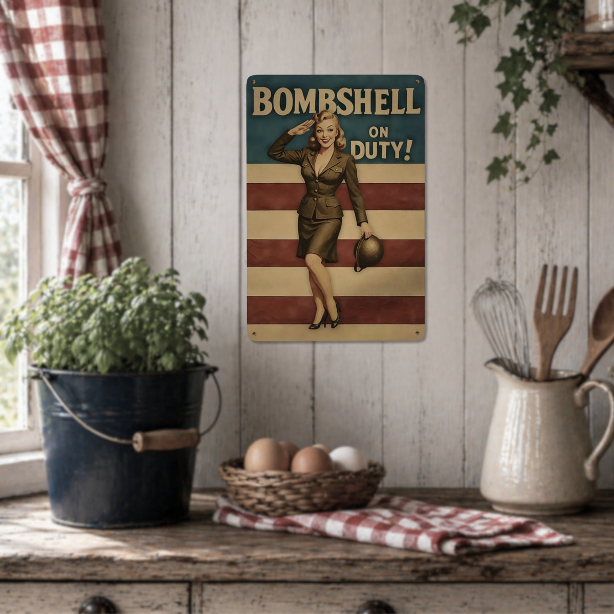 Bombshell on Duty Vintage Military Metal Sign