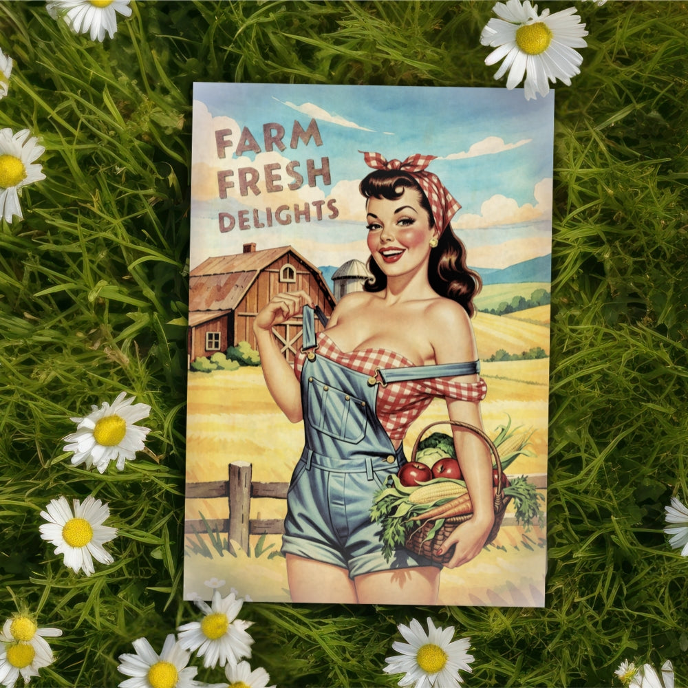 Vintage-style poster of a woman holding vegetables with 'Farm Fresh Delights' text, surrounded by daisies on grass.