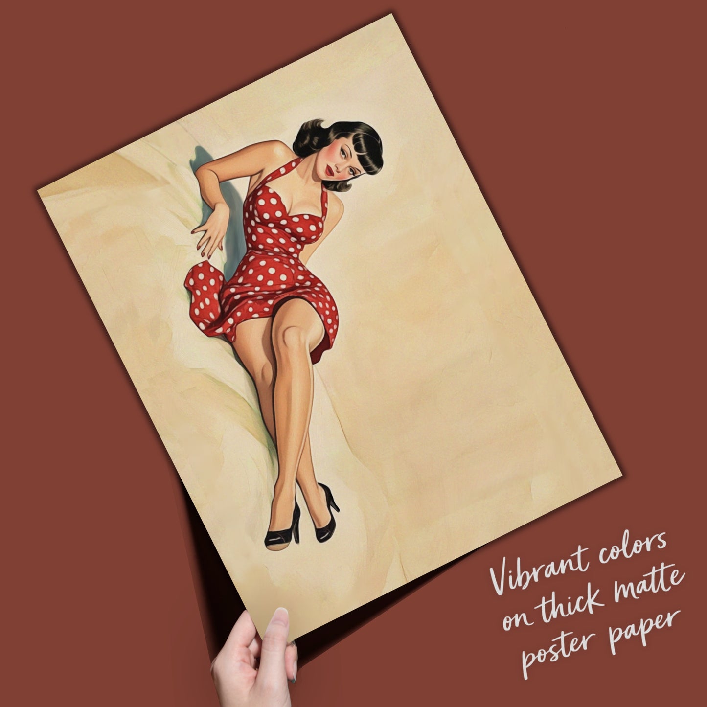 Poster of a woman in a red polka dot dress on thick matte poster paper with text 'Vibrant colors on thick matte poster paper'.