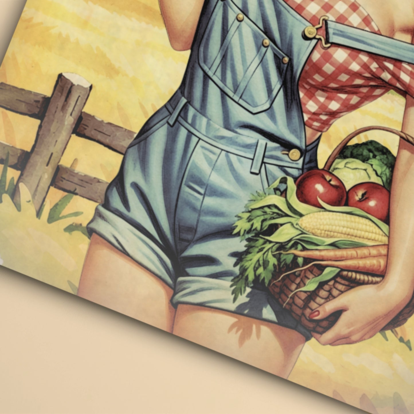 Illustration of a pinup girl wearing overalls holding a basket of vegetables with a fence and sun in the background.