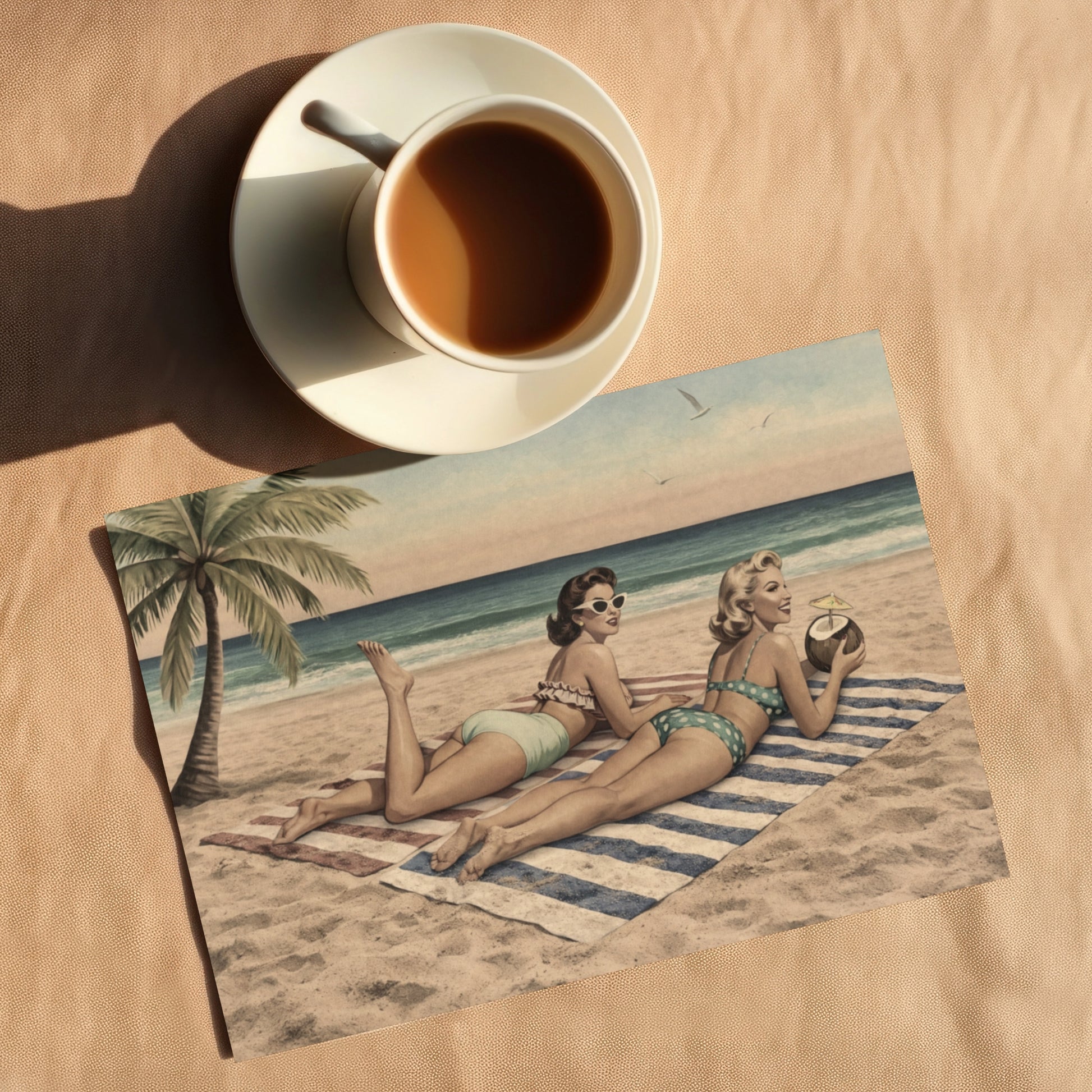 Cup of coffee on a saucer with a vintage-style card of women on a beach.