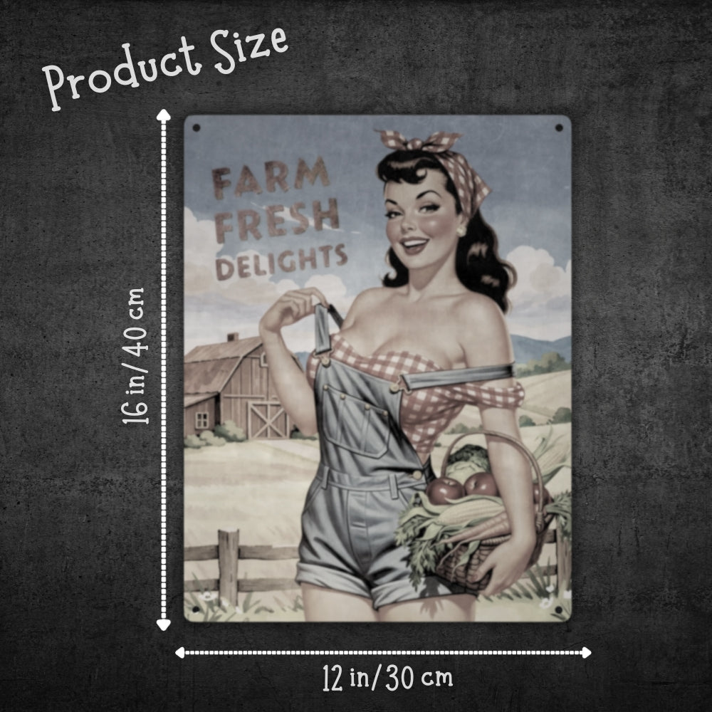 Size description for Farm Fresh Delights country pinup farm girl metal poster
