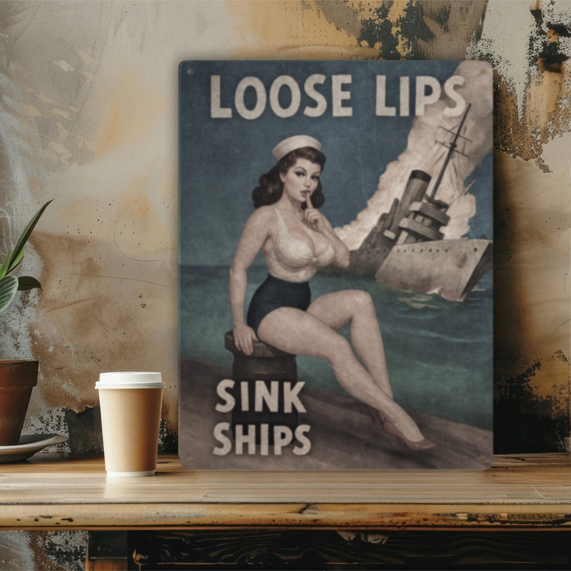 Vintage-style sign with a woman and ship illustration, text 'Loose Lips Sink Ships' on a rustic background.