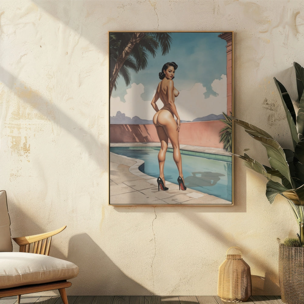 vintage pinup painting framed on a boho wall