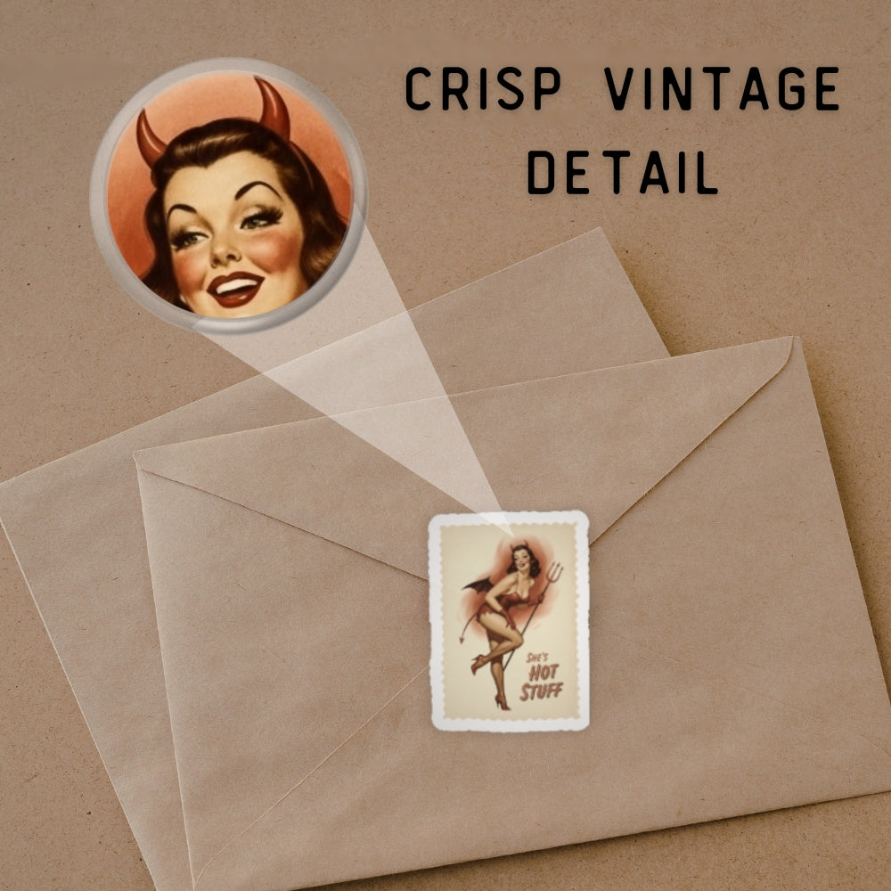 Vintage-style envelope with a sticker featuring a stylized woman, surrounded by text about crisp vintage detail.
