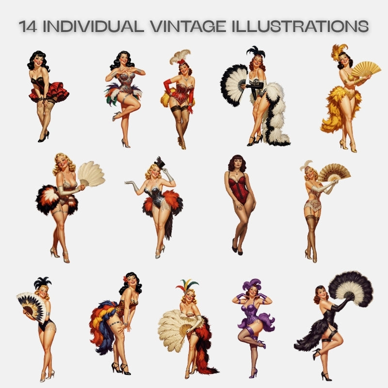 14 vintage illustrations of women in colorful costumes on a white background