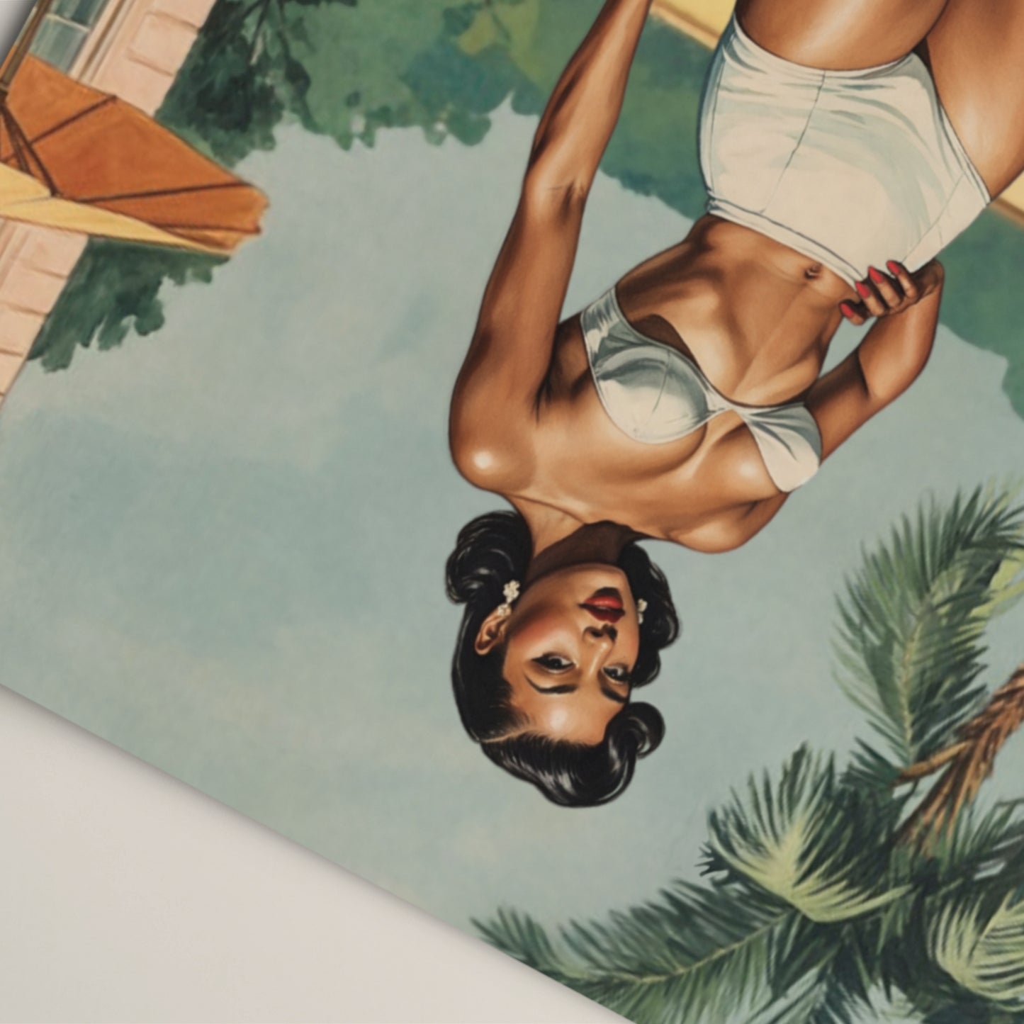 Vintage-style illustration of a woman in a bikini with a tropical background