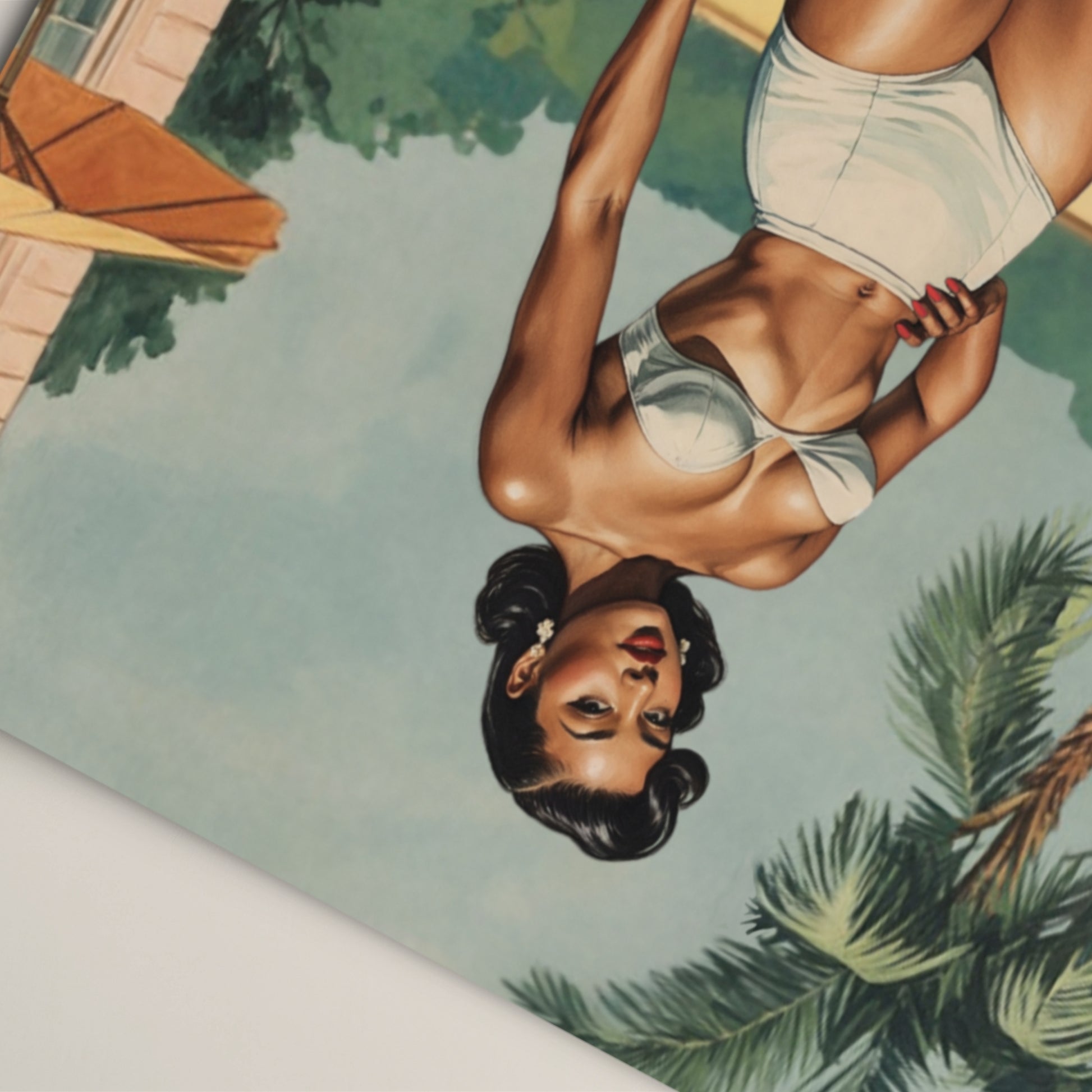 Vintage-style illustration of a woman in a bikini with a tropical background