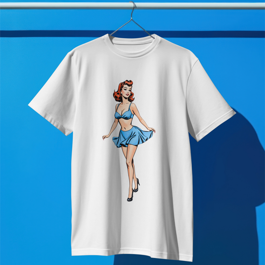 White t-shirt with a graphic of a woman in a blue dress on a blue background
