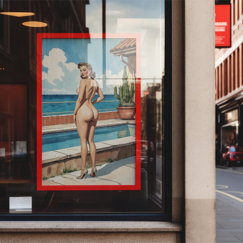 Framed artwork of a nude figure by a pool on a city street.