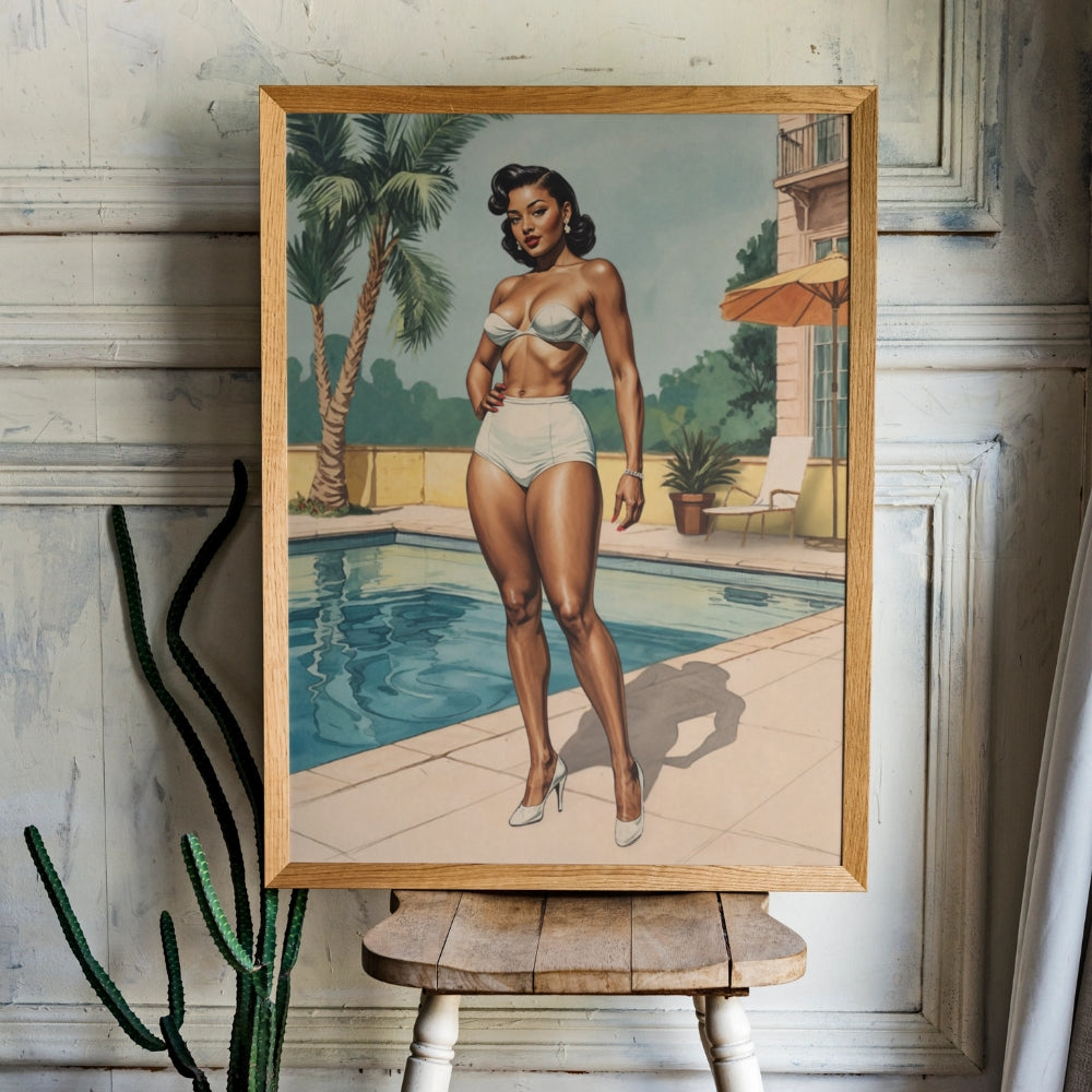 Framed artwork of a woman in a bikini by a pool on a wooden stool.