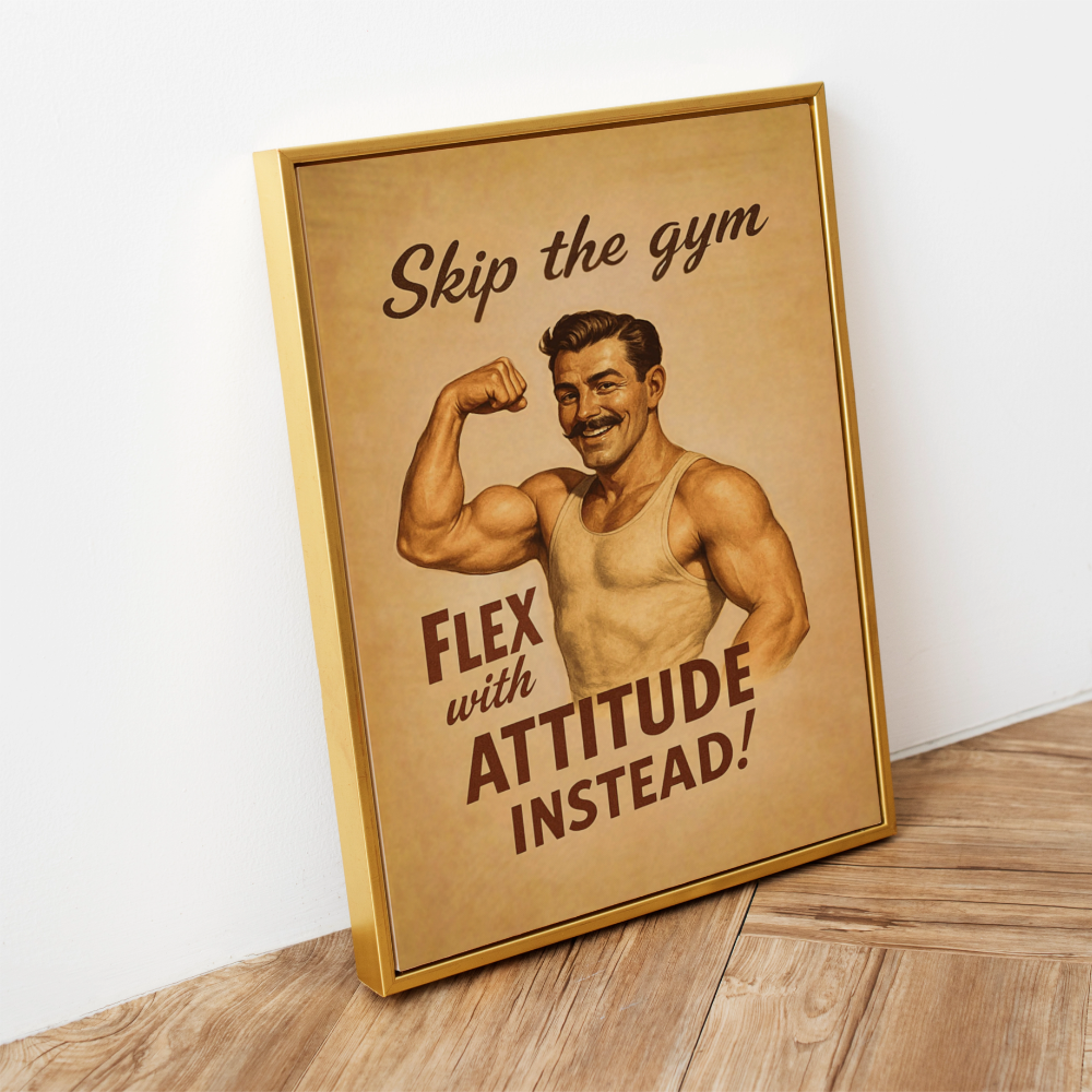 Framed poster with a vintage-style illustration of a man flexing his arm and text on a wooden surface.