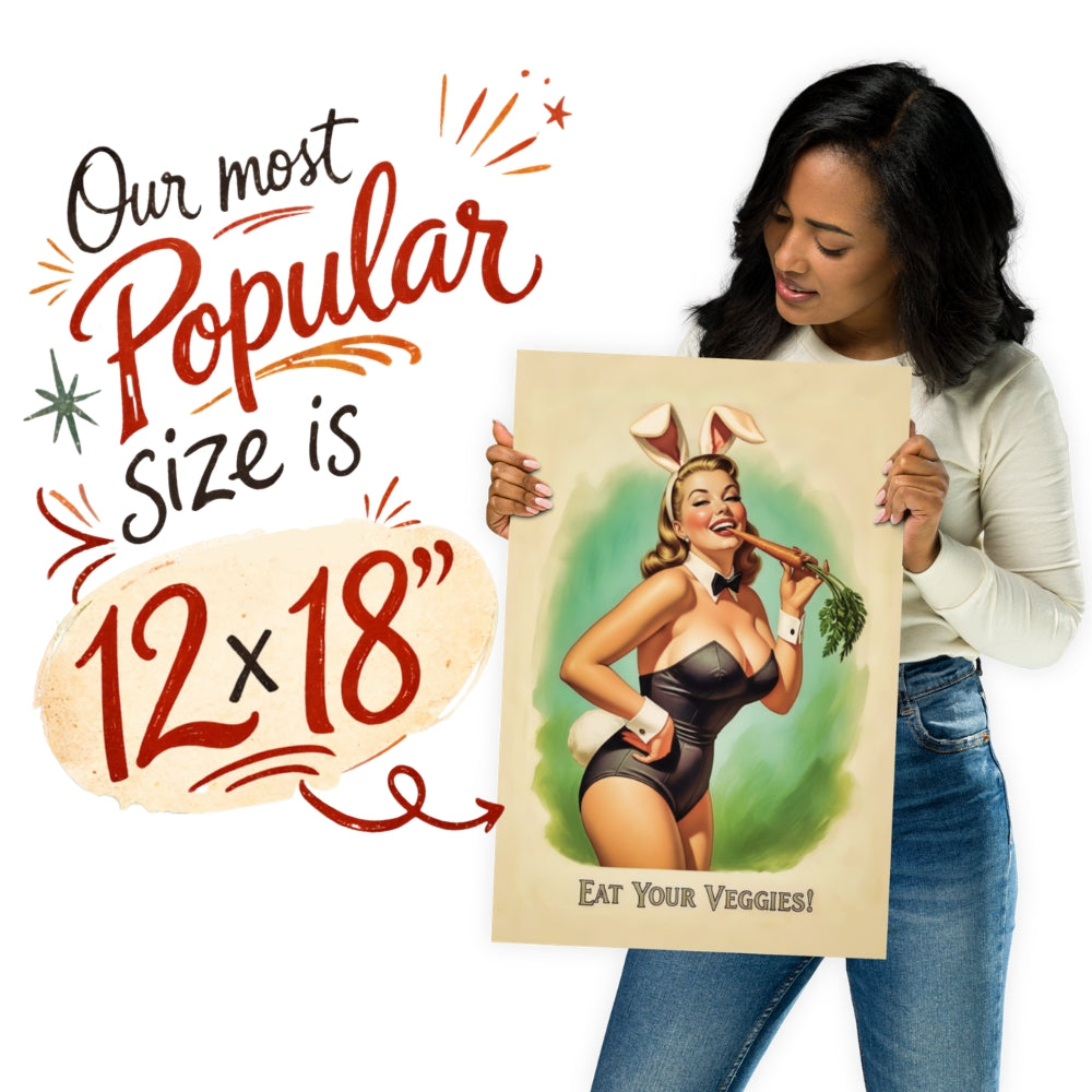 Woman holding a poster with a vintage-style illustration and text about size.