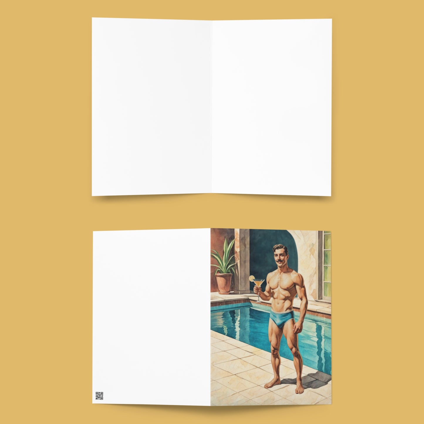 Two cards on a yellow background, one with a white border and the other with a pool scene.